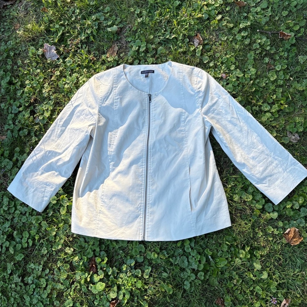 Eileen Fisher Zip Front Jacket‎ Small Ramie Blend Cream Minimalist